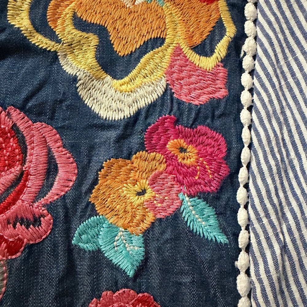 Savanna Jane Blue Striped Top with Floral Embroidery 3X - Picture 3 of 4